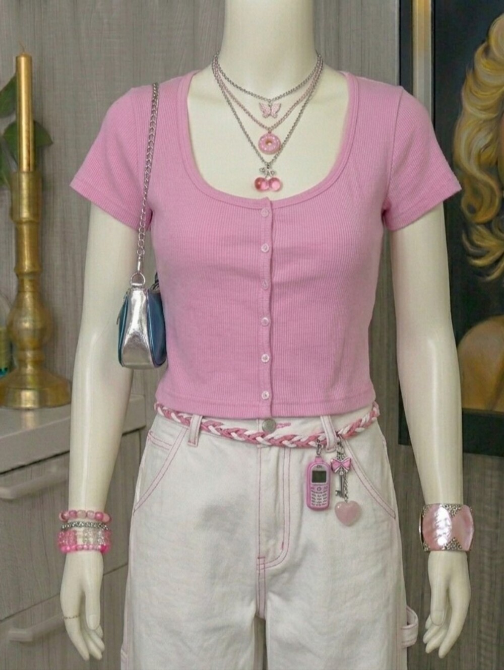 John Galt Pink Ribbed Button-Front Tee One Size